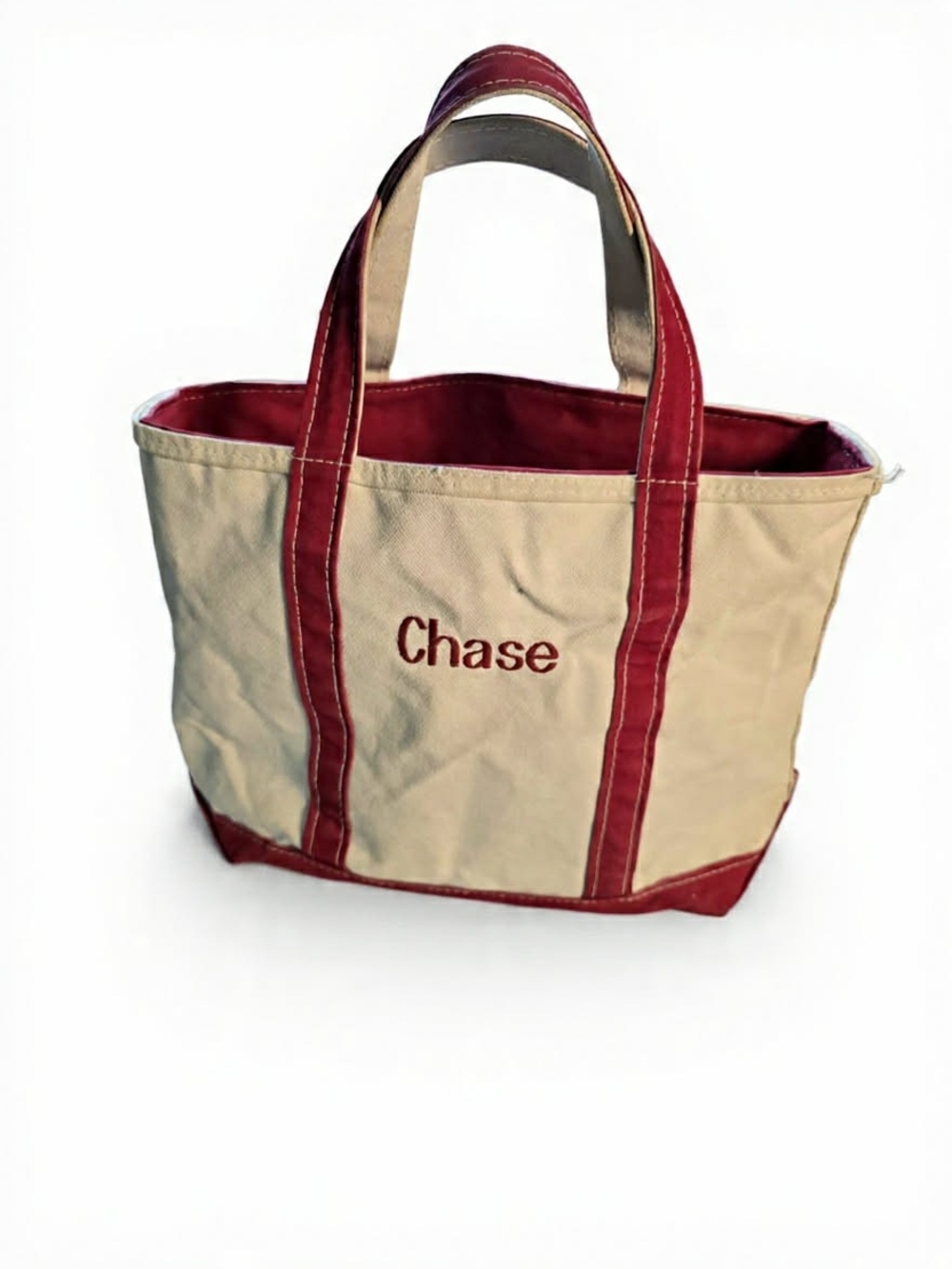 L.L.‎ Bean Beige and Red Canvas Tote with Chase Embroidery Nautical Vtg